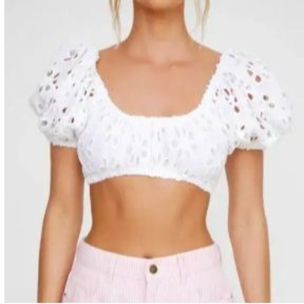 Nasty Gal Puff Sleeve Eyelet Crop Top Cotton Off On Shoulders Summer Size 8 New